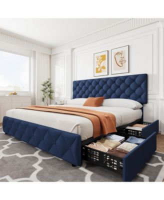 каркас кровати gaomon King Size с 4 выдвижными ящиками для хранения вещей и регулируемым изголовьем, кровати-платформы с льняной обивкой синего цвета