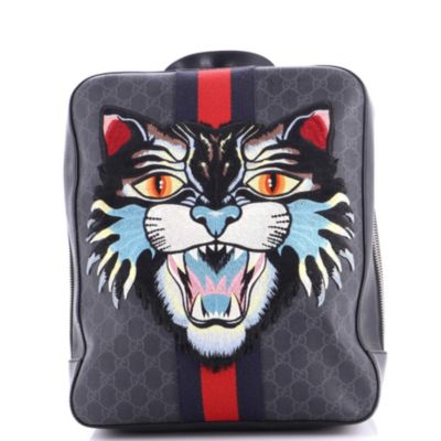 Бывший в употреблении рюкзак Gucci Medium Angry Cat Web из парусины с покрытием GG и аппликацией черного цвета