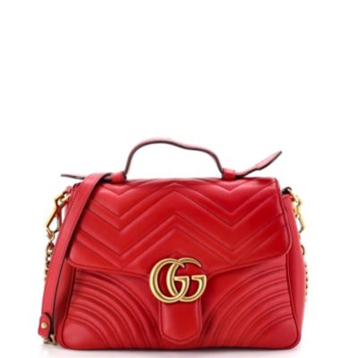 Бывшая в употреблении маленькая сумка Gucci GG Marmont с клапаном на верхней ручке из натуральной кожи красного цвета