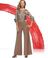 O Oscar Printed Tie-Neck Lantern-Sleeve Blouse & Side-Button Palazzo Pant