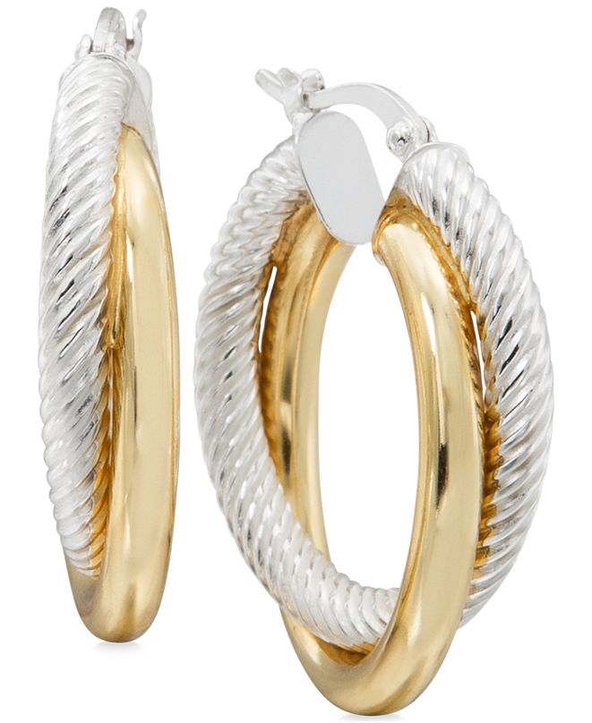 Macy's Two-Tone Textured Overlapped Hoop Earrings in Sterling Silver ...