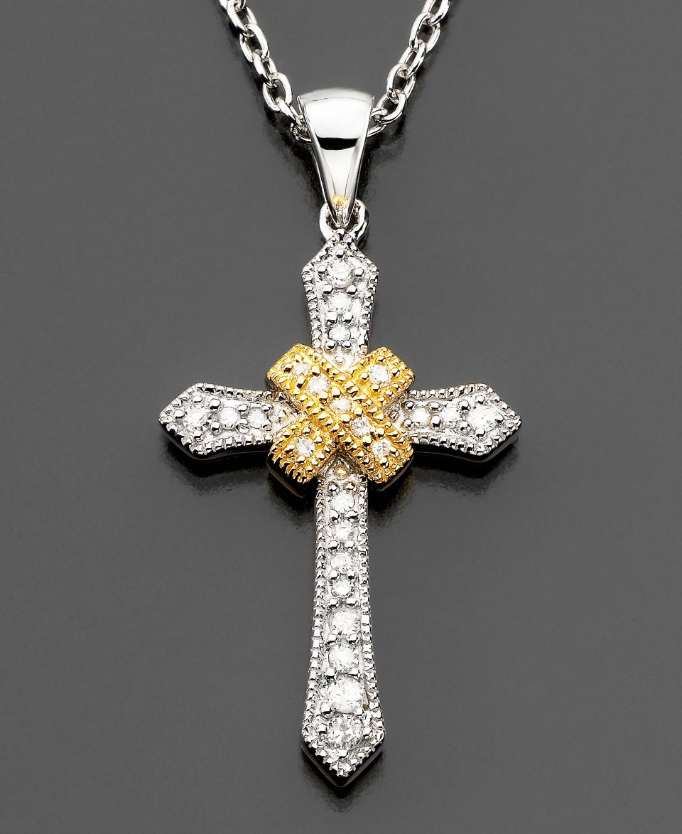 14k Gold & Sterling Silver Diamond Cross Pendant (1/10 ct. t.w.)