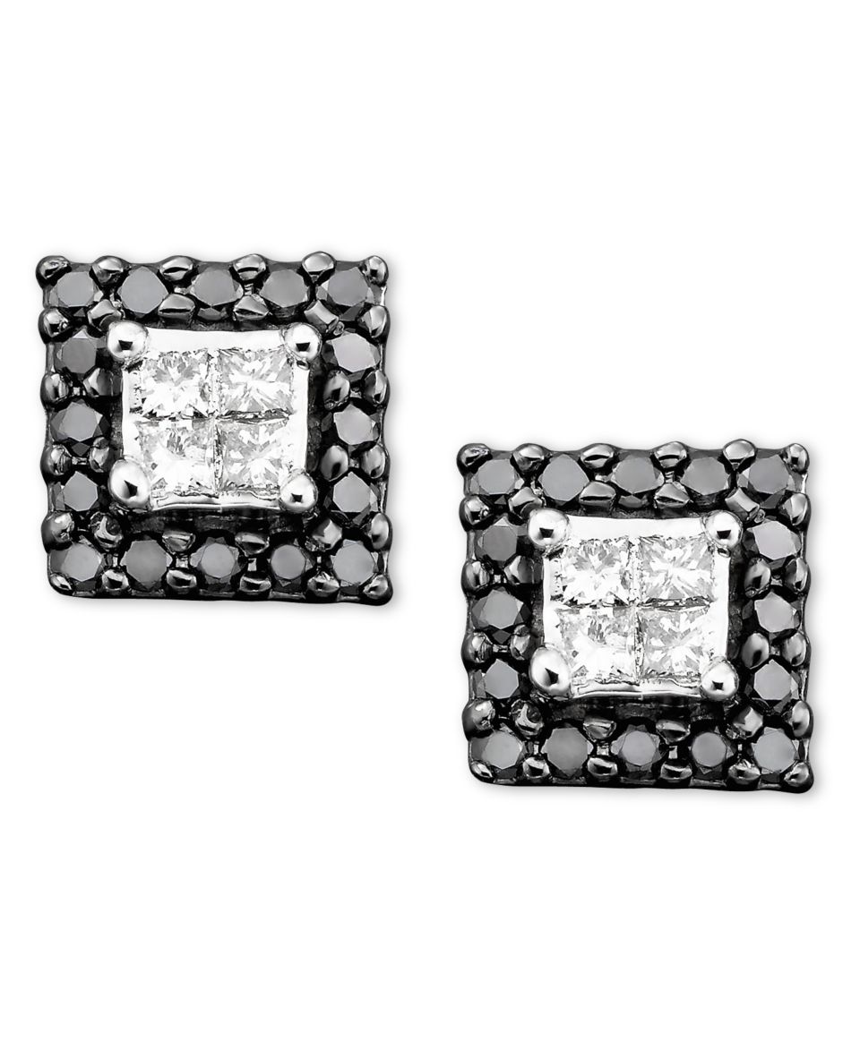 14k White Gold Earrings, Black and White Diamond Square Stud (1/3 ct