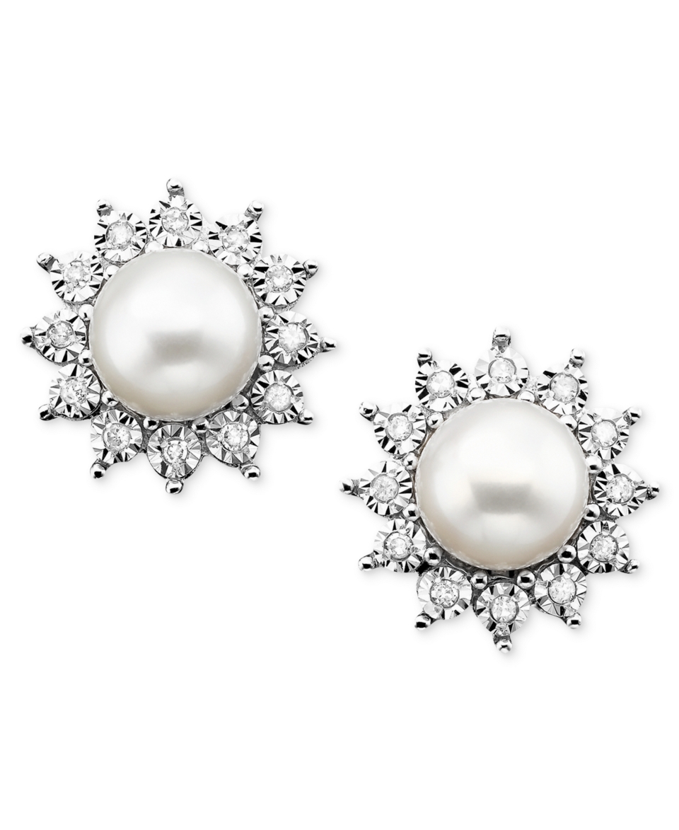 10k White Gold Earrings, Cultured Freshwater Pearl and Diamond (1/8 ct. t.w.)   Earrings   Jewelry & Watches