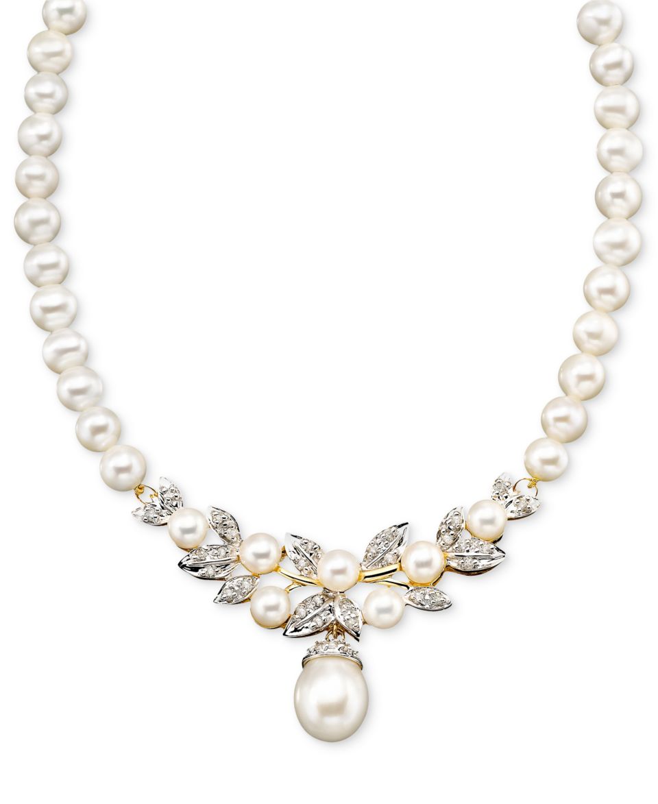 14k Gold Necklace, Cultured Freshwater Pearl and Diamond (3/8 ct. t.w