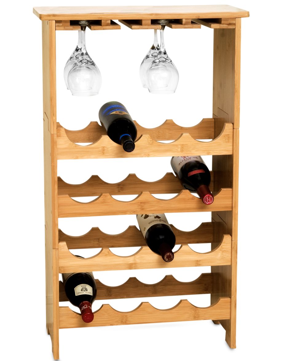 International Wine Rack, Bamboo Stemware Rack with 16 Bottle Storage