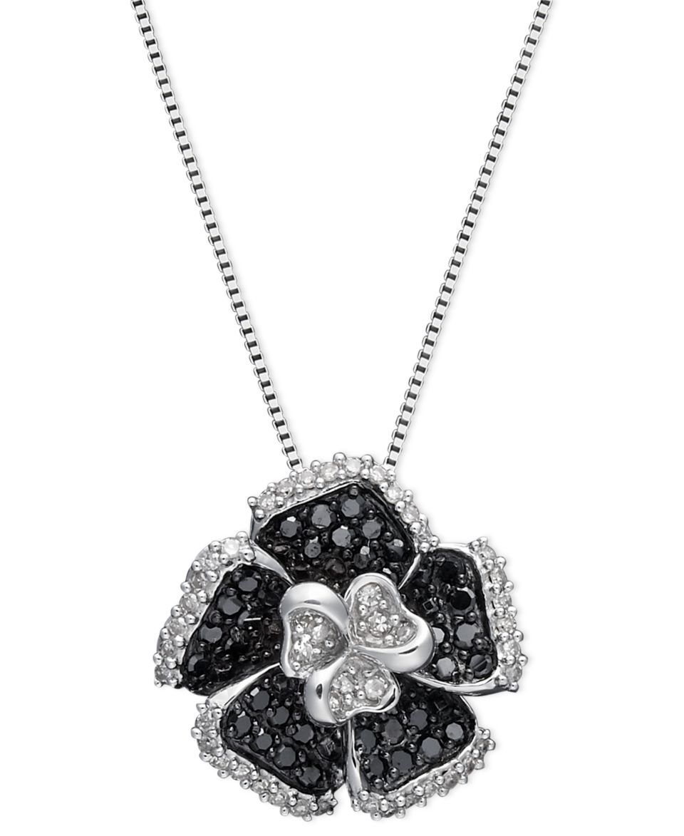 Diamond Necklace, Sterling Silver Black and White Diamond Flower Pendant (1/2 ct. t.w.)   Necklaces   Jewelry & Watches