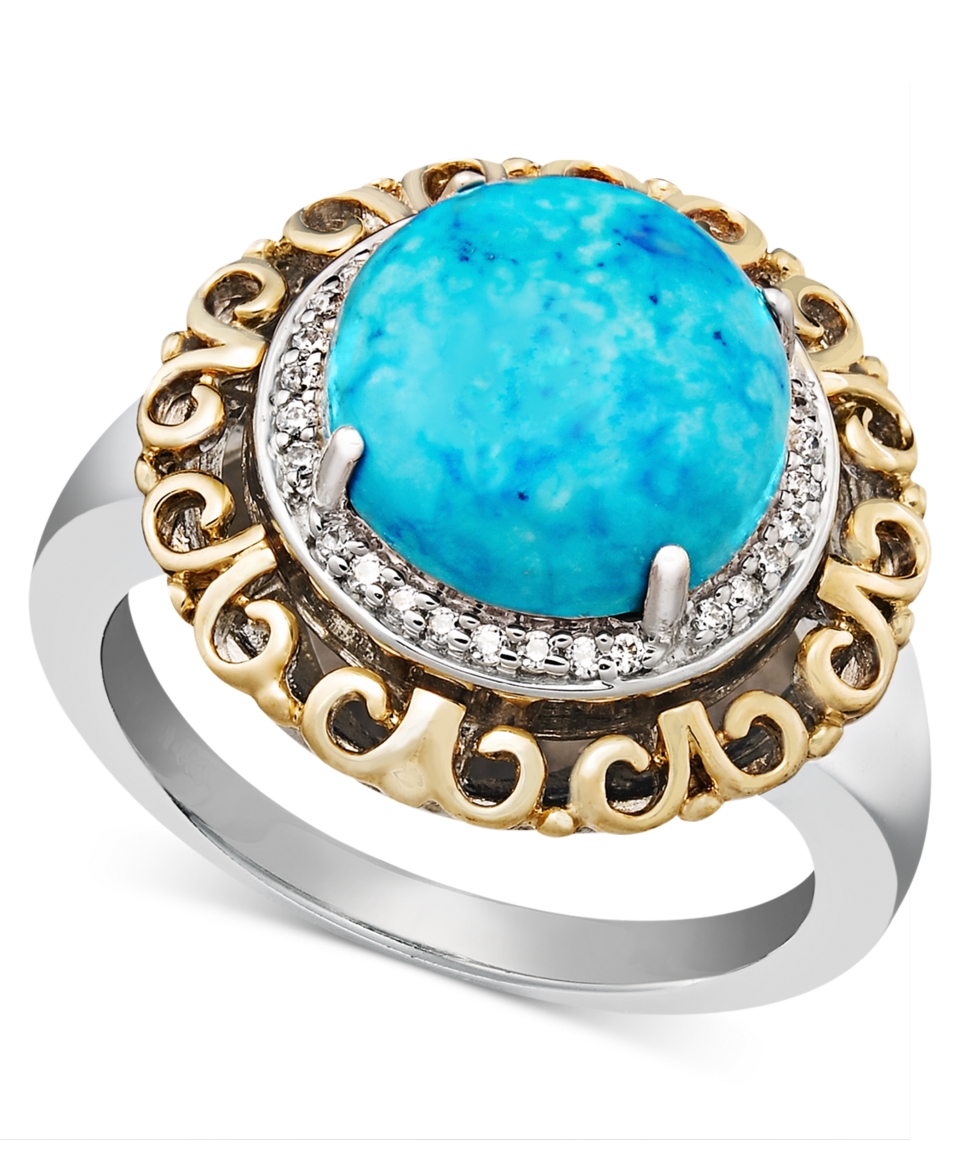 14k Gold and Sterling Silver Ring, Turquoise and Diamond Accent Circle