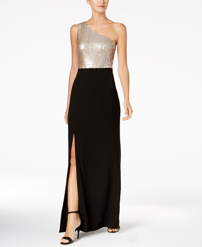 calvin klein one shoulder metallic gown