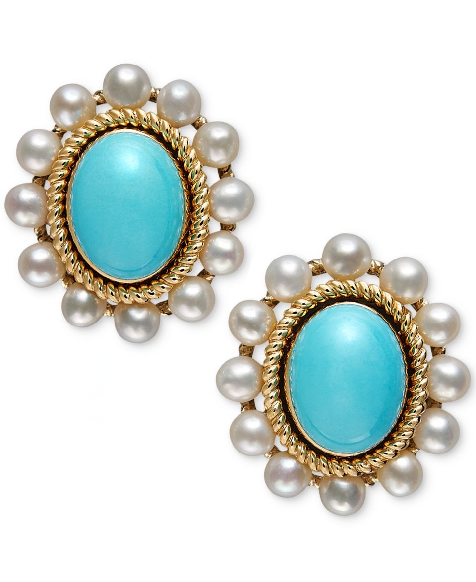 14k Gold Earrings, Cultured Freshwater Pearl (2 3/4 3mm) and Turquoise