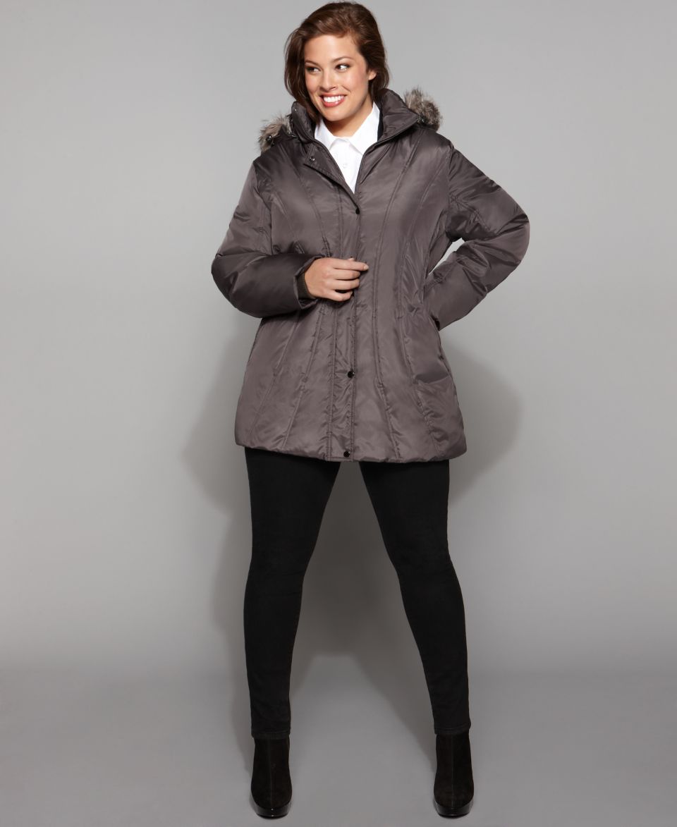 London Fog Plus Size Coat, Contour Seamed Hooded Faux Fur Trim Down Puffer   Coats   Women