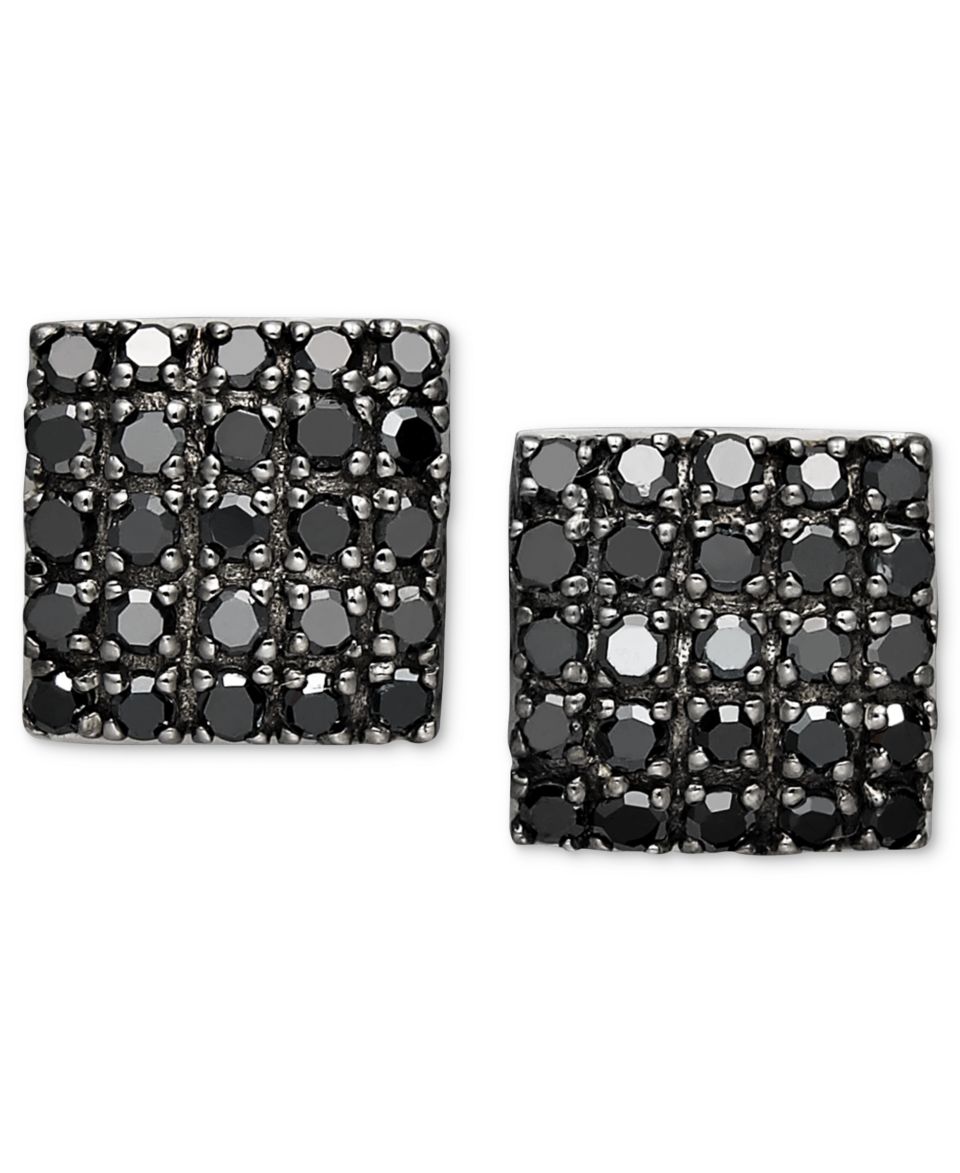 Sterling Silver Earrings, Black and White Diamond Square Stud Earrings