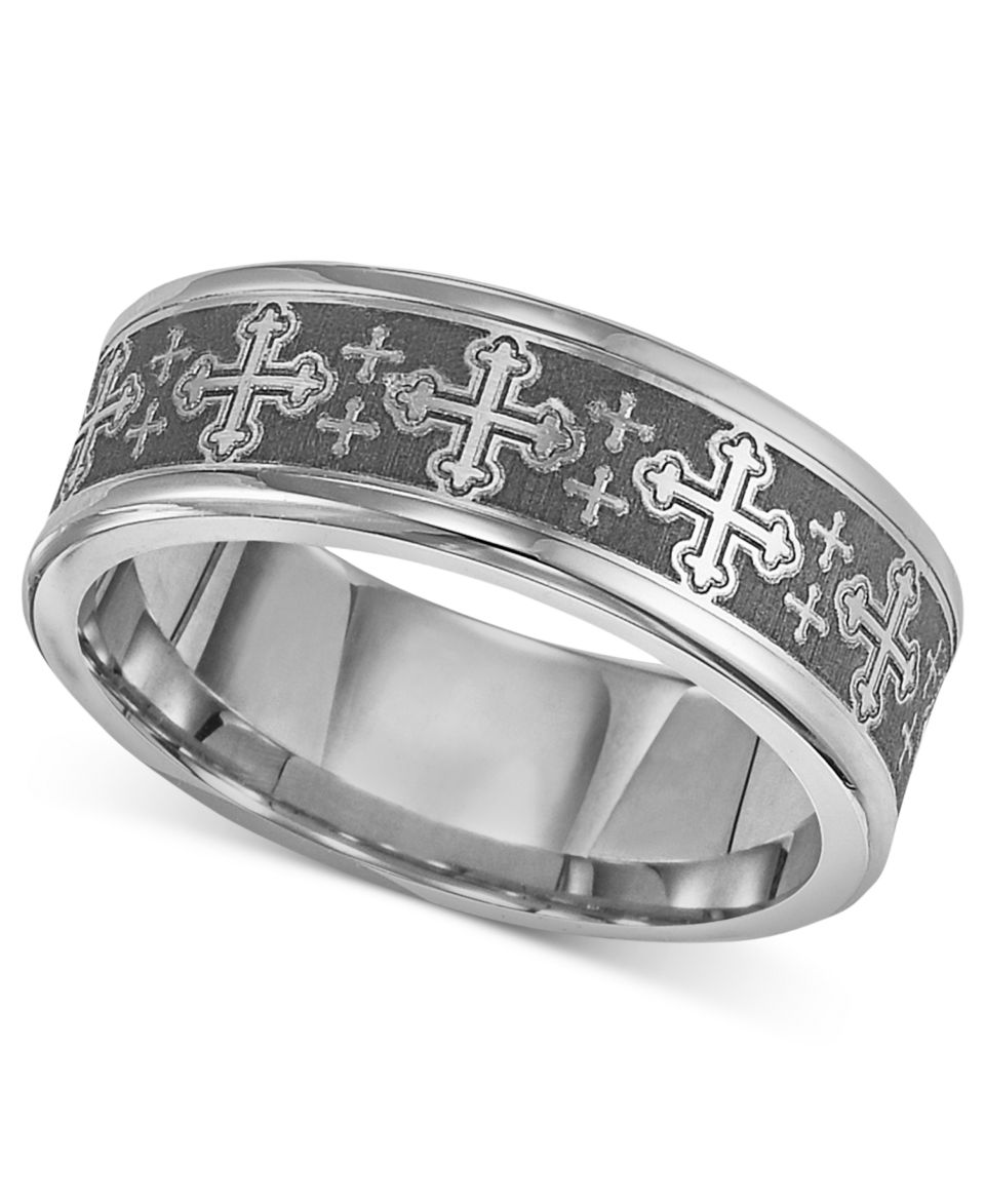 Triton Mens Tungsten Carbide Ring, Comfort Fit Etched Cross Wedding