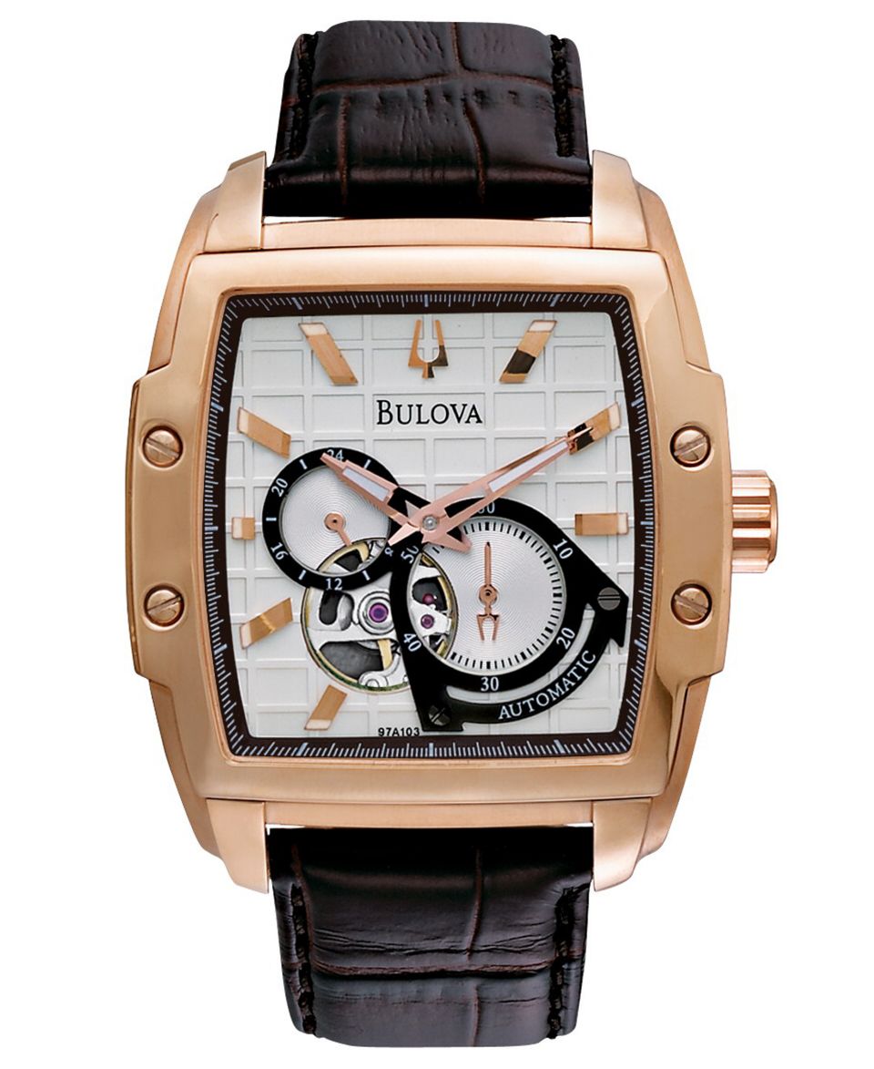 Bulova Mens Automatic Brown Croc Embossed Leather Strap Watch 41mm