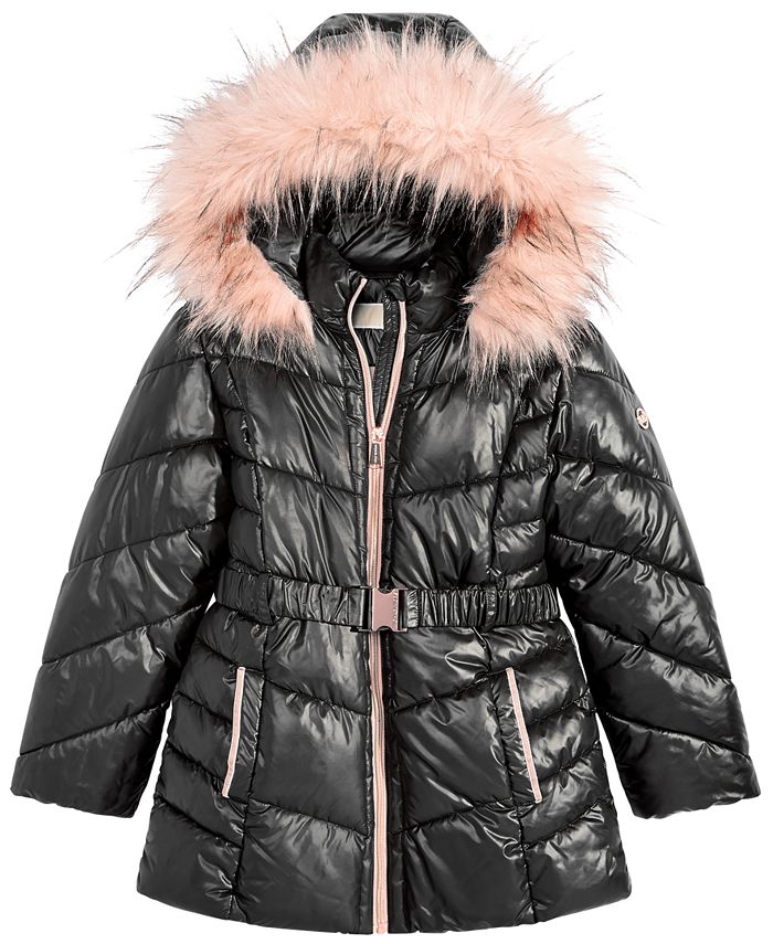 Michael Kors Big Girls Hooded Belted Stadium Jacket with FauxFur Trim