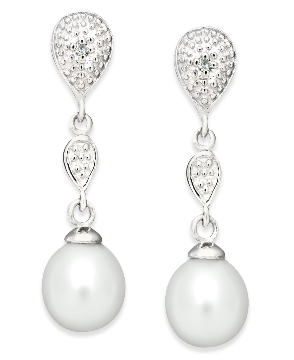 Sterling Silver Earrings, Cultured Freshwater Pearl and Diamond Accent