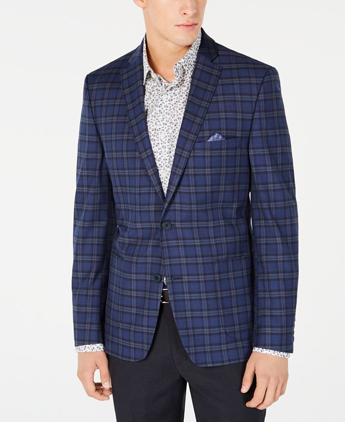 Bar III Men's SlimFit Stretch Dark Blue Plaid Sport Coat, Created for