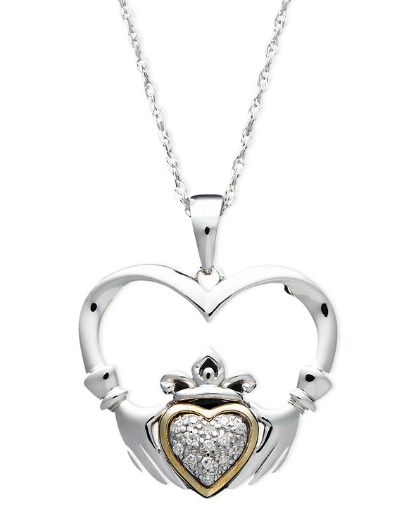 Macy's 14k Gold and Sterling Silver Necklace, Diamond Accent Claddagh