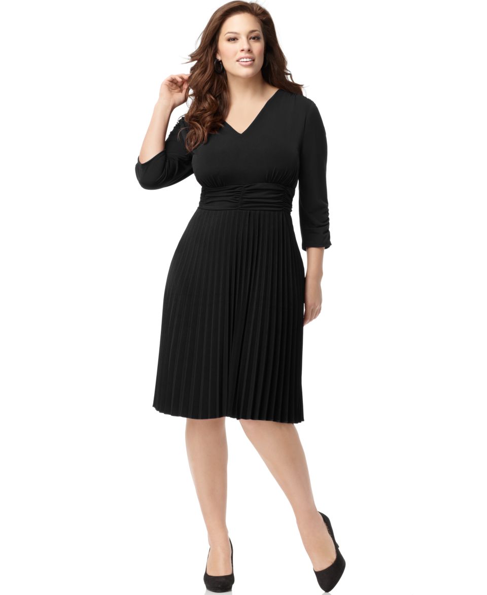 NY Collection Plus Size Dress, Three Quarter Sleeve Ruched Pleated