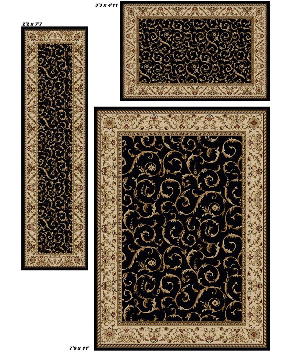 Kenneth Mink Area Rug Set, Roma Collection 3 pc set Damask Black