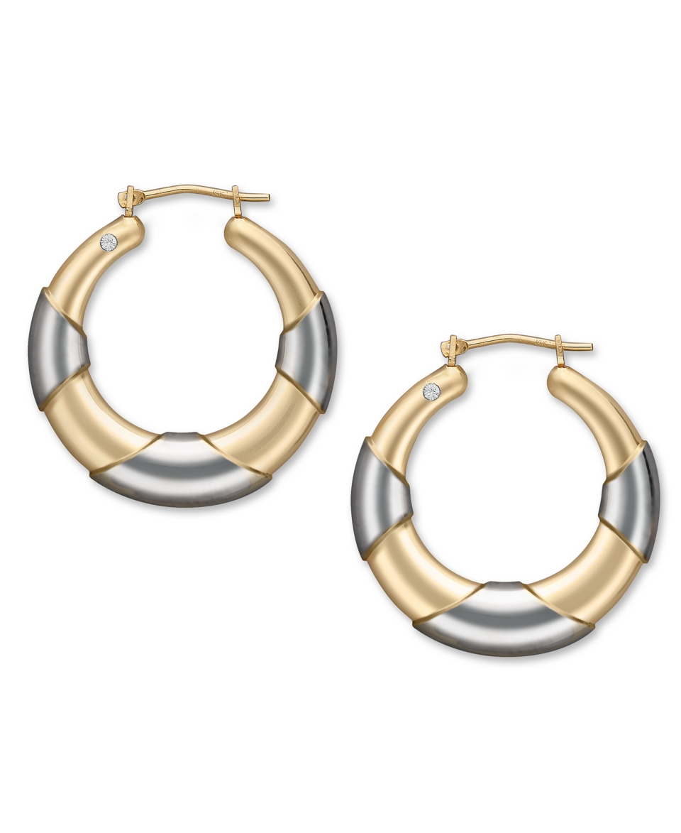 14k Gold and 14k White Gold Earrings, Diamond Accent Graduated Hoop