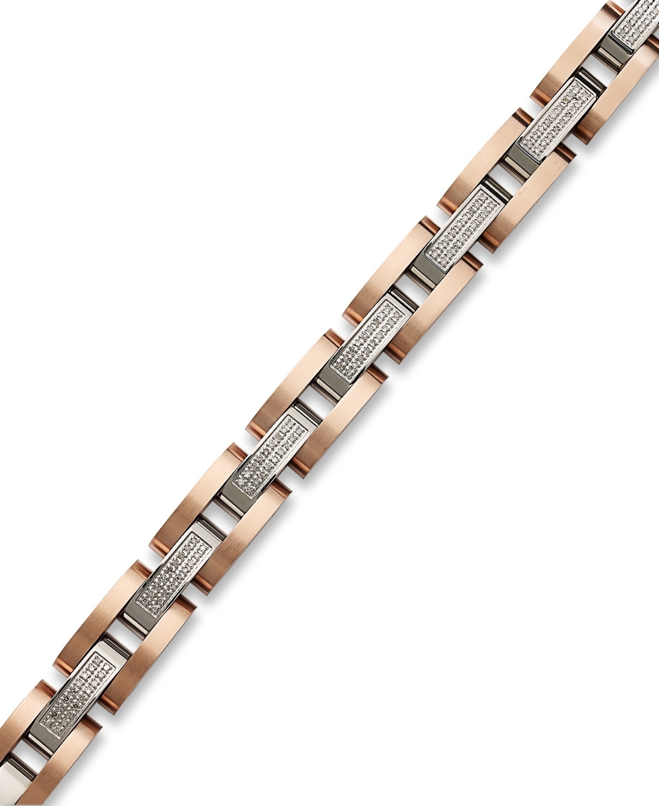 Mens Diamond Bracelet, Stainless Steel and Ion Plated Rose Diamond 