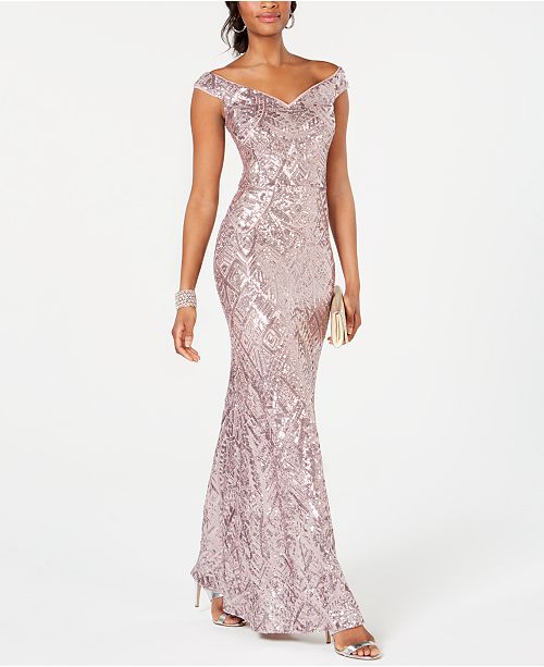 Betsy Adam Off The Shoulder Sequined Gown Reviews Dresses Women Macy S
