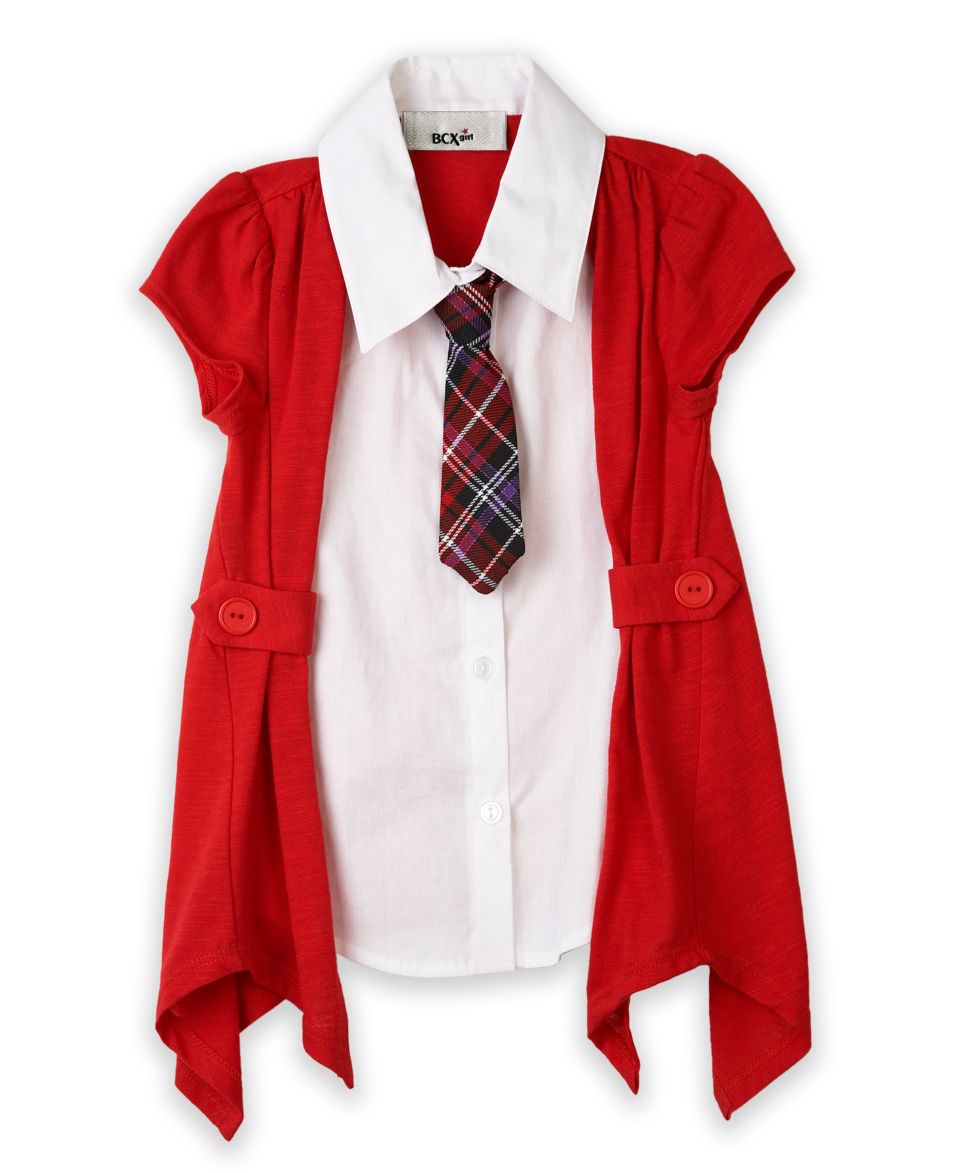 BCX Kids Shirt, Little Girls Layered Cardigan and Tie