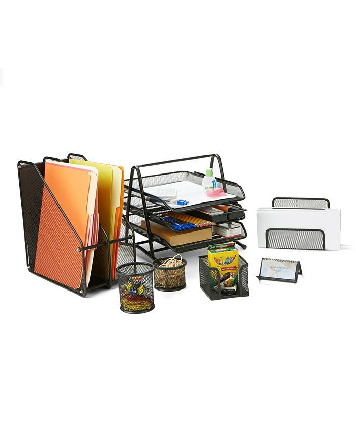 Mind Reader Metal Mesh 7 Piece Office Desk Organizer Set Includes Business Card Holder 2 Compartment Folder Document Organizer Stand Two Pencil And Accessory Cups Memo Holder Letter Holder 3 Tier Document File