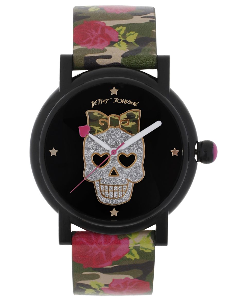 Betsey Johnson Watch, Womens Black Rose Printed Polyurethane Strap