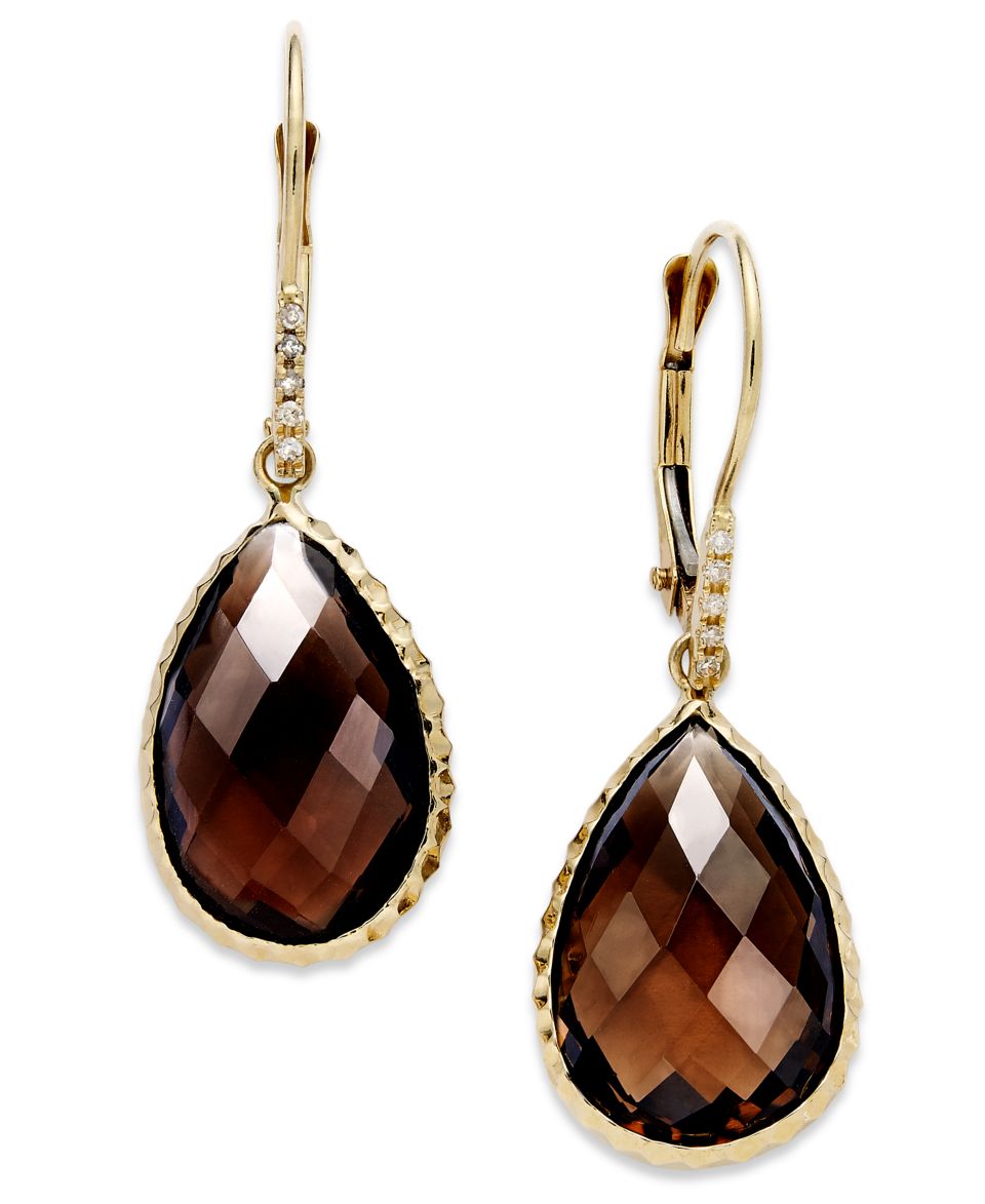 14k Gold Earrings, Smokey Quartz (10 ct. t.w.) and Diamond Accent Pear