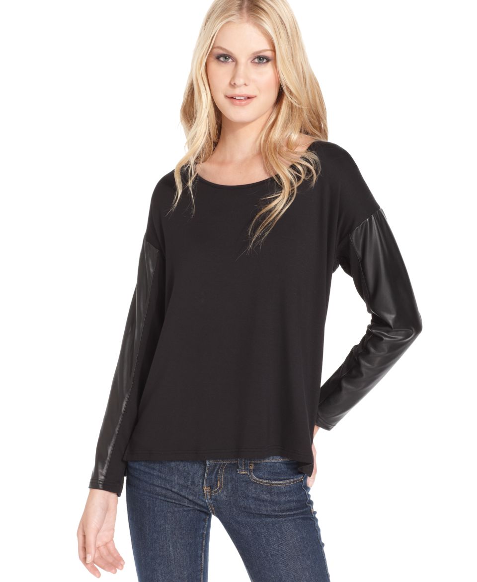 Kensie Top, Long Sleeve Scoop Neck Faux Leather