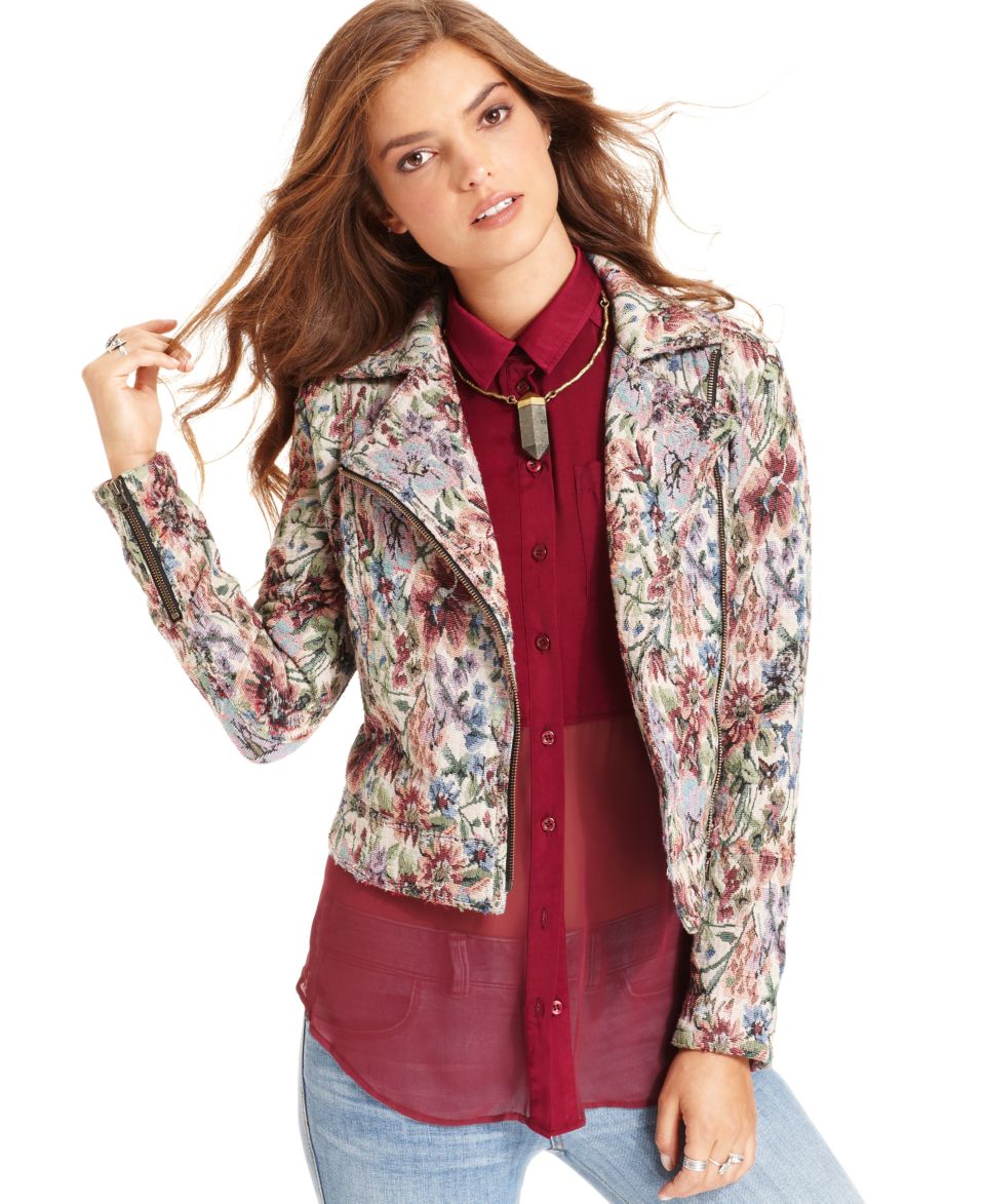 Free People Jacket, Long Sleeve Floral Motorcycle