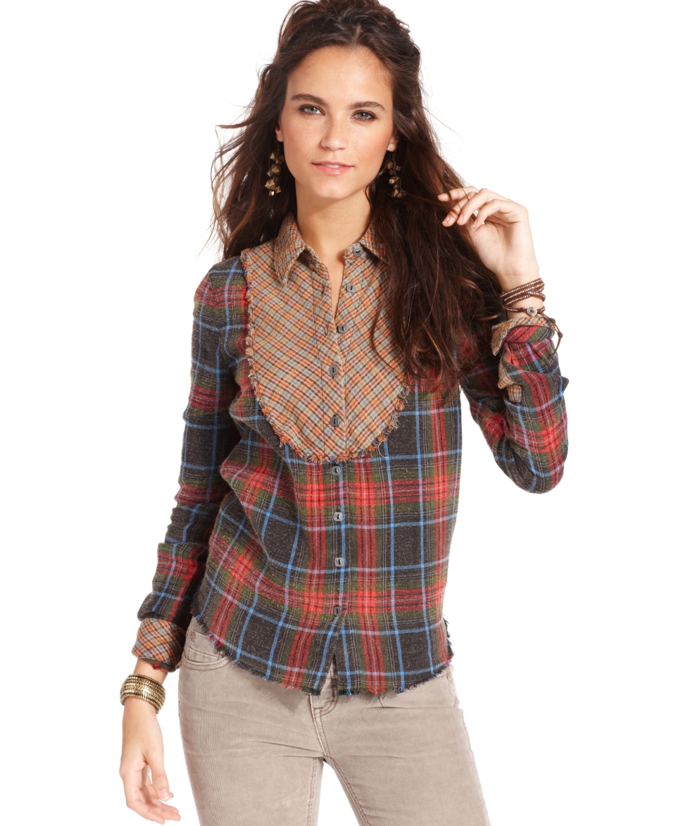 Free People Top, Long Sleeve Mixed Plaid Blouse   Womens Tops