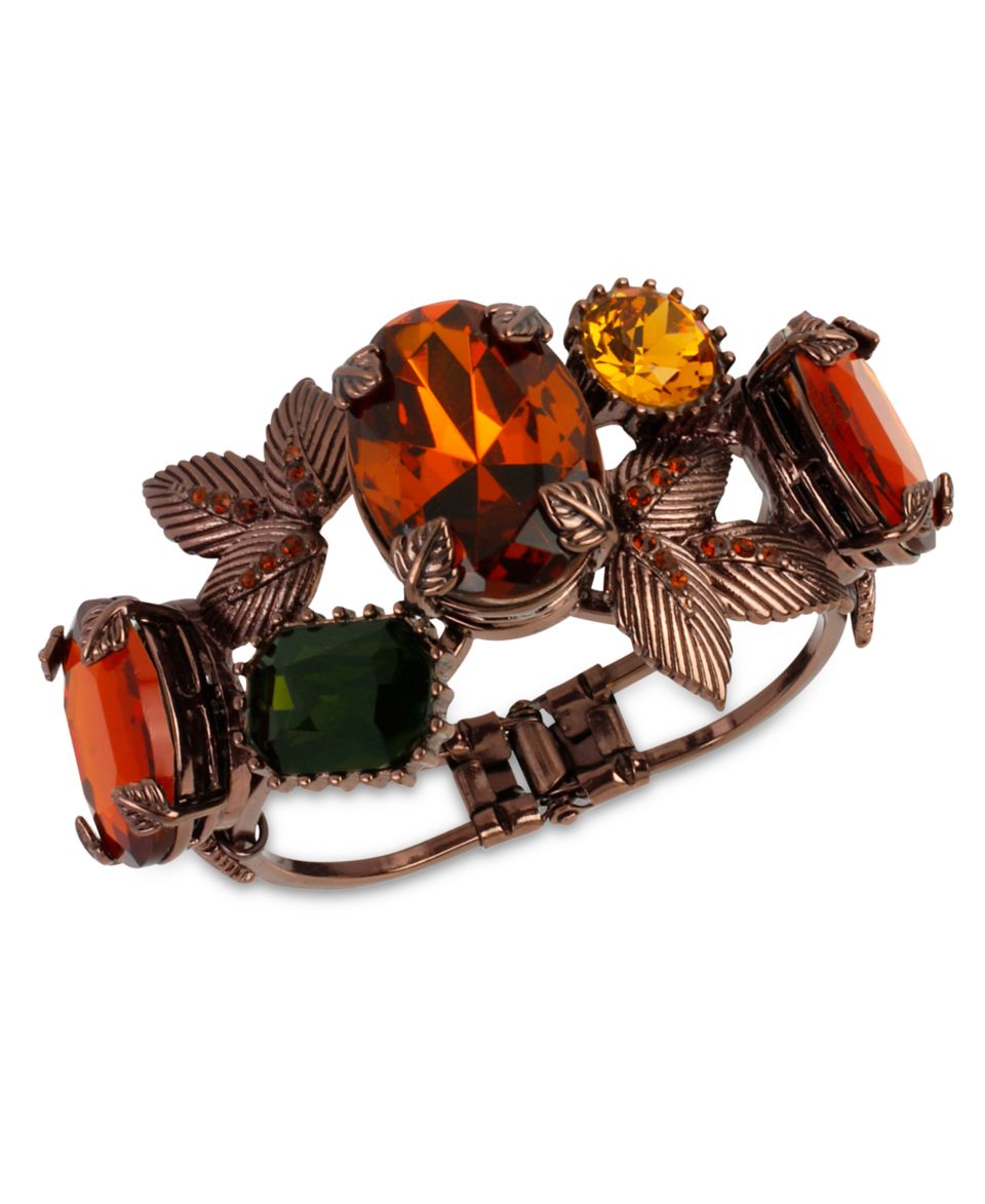 Betsey Johnson Bracelet, Brown Tone Crystal Gem Leaves Hinged Bangle