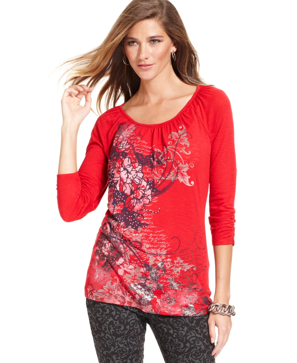 co top three quarter sleeve printed henley orig $ 17 98 12 99