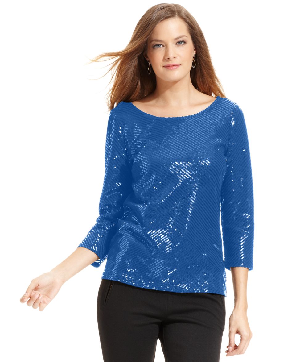 Jones New York Top, Three Quarter Sleeve Sequin   Womens Tops