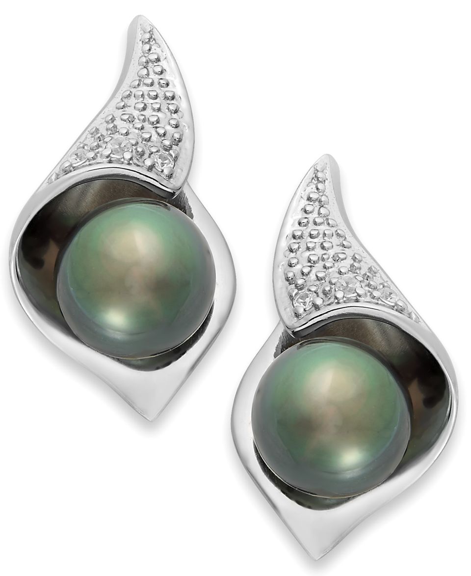 Sterling Silver Earrings, Cultured Tahitian Pearl and Diamond Accent