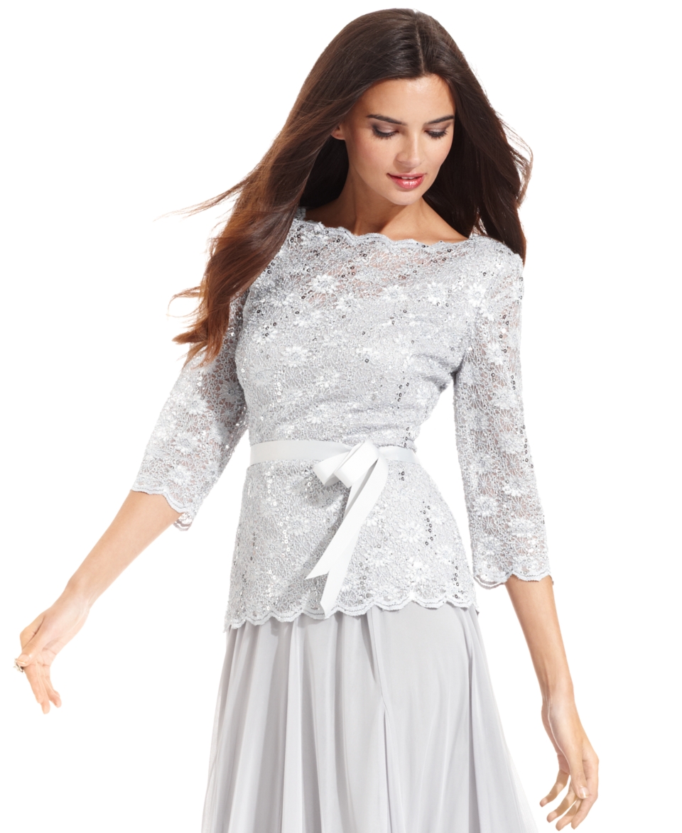 Alex Evenings Top, Three Quarter Sleeve Sequin Lace   Womens