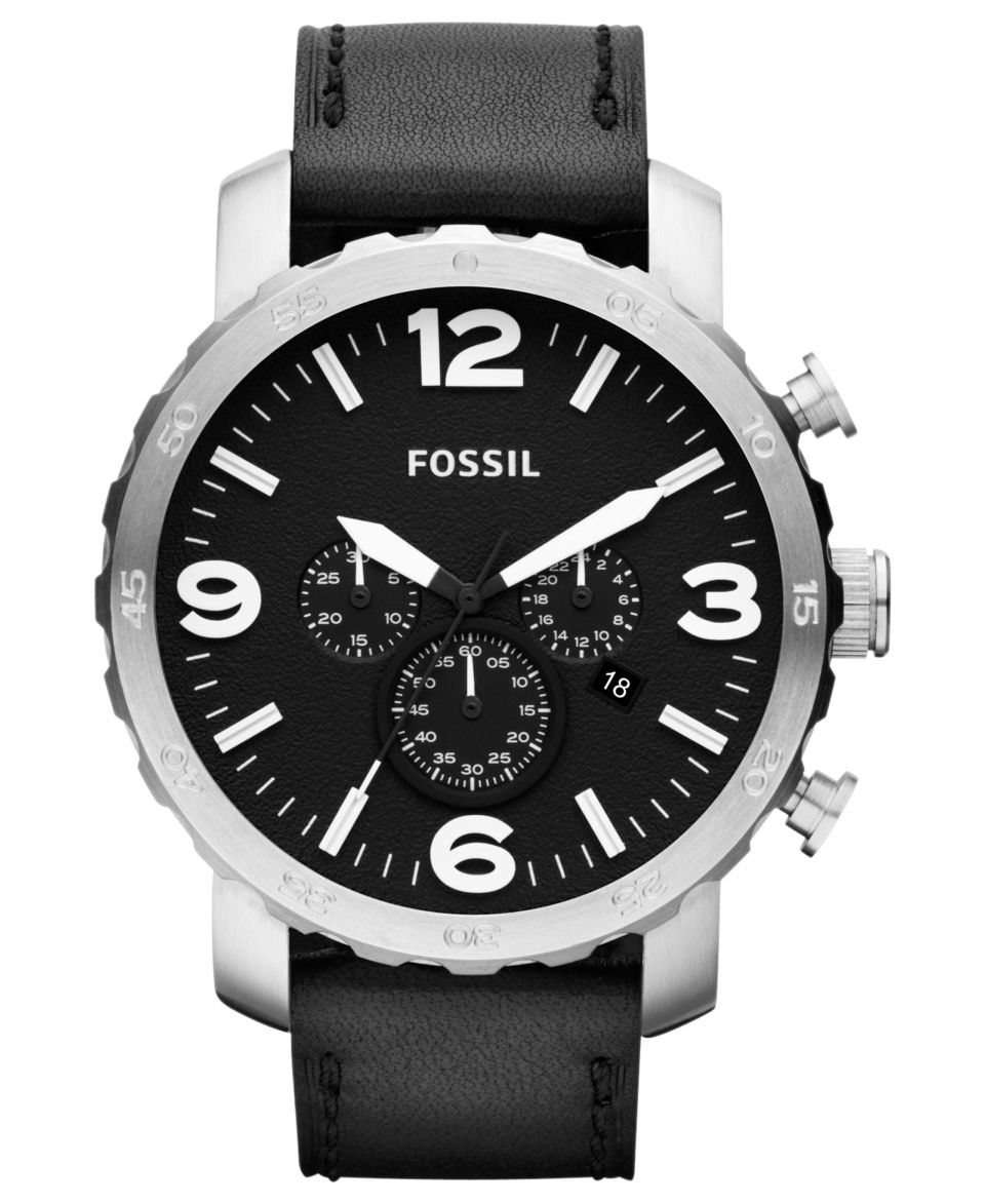 Fossil Watch, Mens Chronograph Nate Black Leather Strap 50mm JR1436
