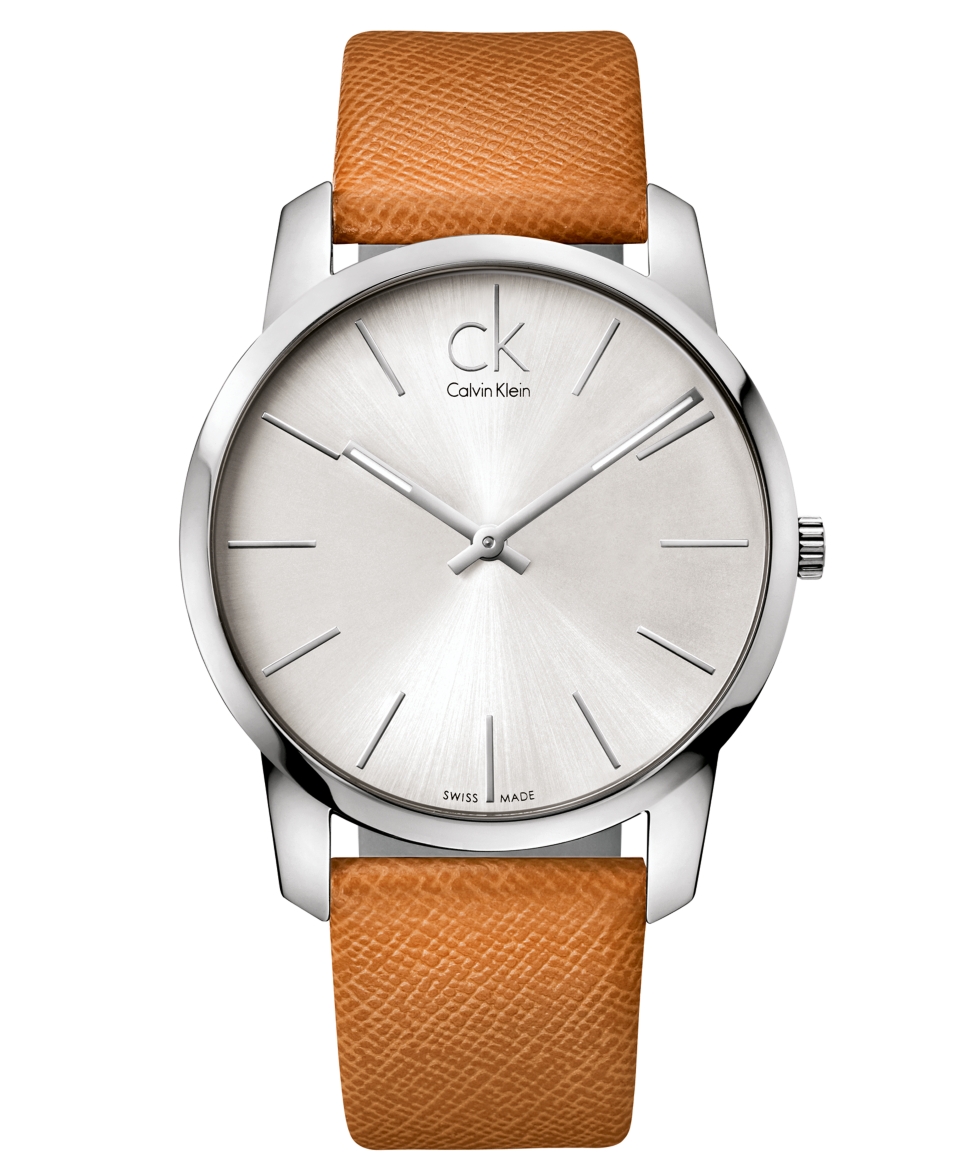 ck Calvin Klein Watch, Mens Swiss City Brown Leather Strap 43mm