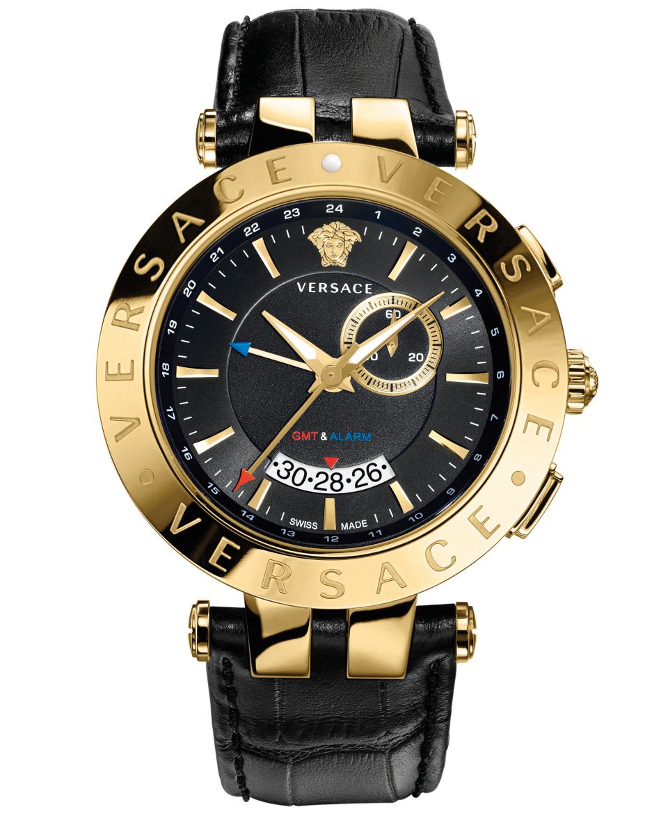 Versace Watch, Unisex Swiss V Race GMT Black Calfskin Leather Strap