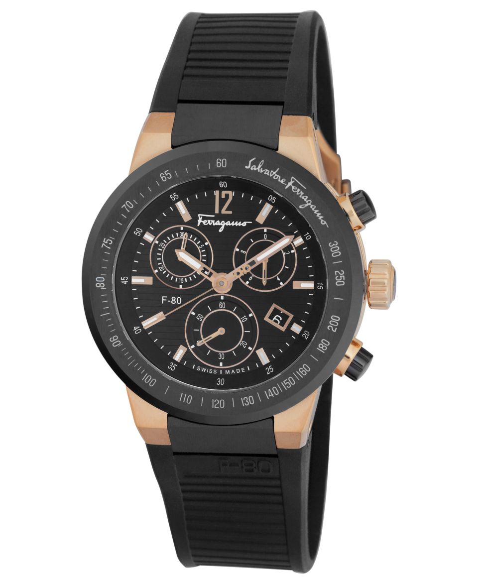 Ferragamo Watch, Mens Swiss Chronograph F 80 Black Rubber Strap 44mm