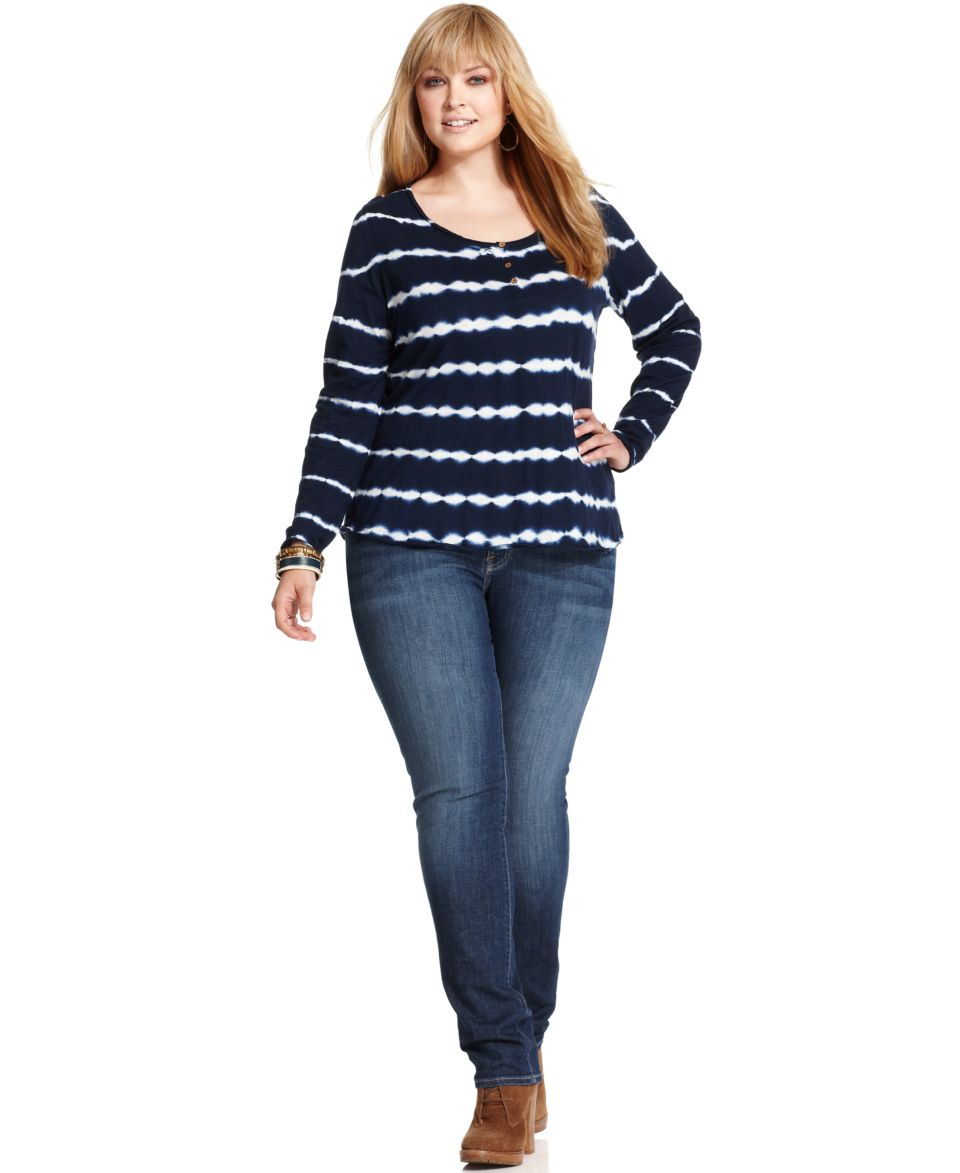 Lucky Brand Jeans Plus Size Long Sleeve Tie Dye Henley Top & Straight