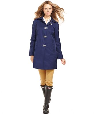 London Fog Coat, Hooded Clip-Front Raincoat - Coats - Women - Macy's