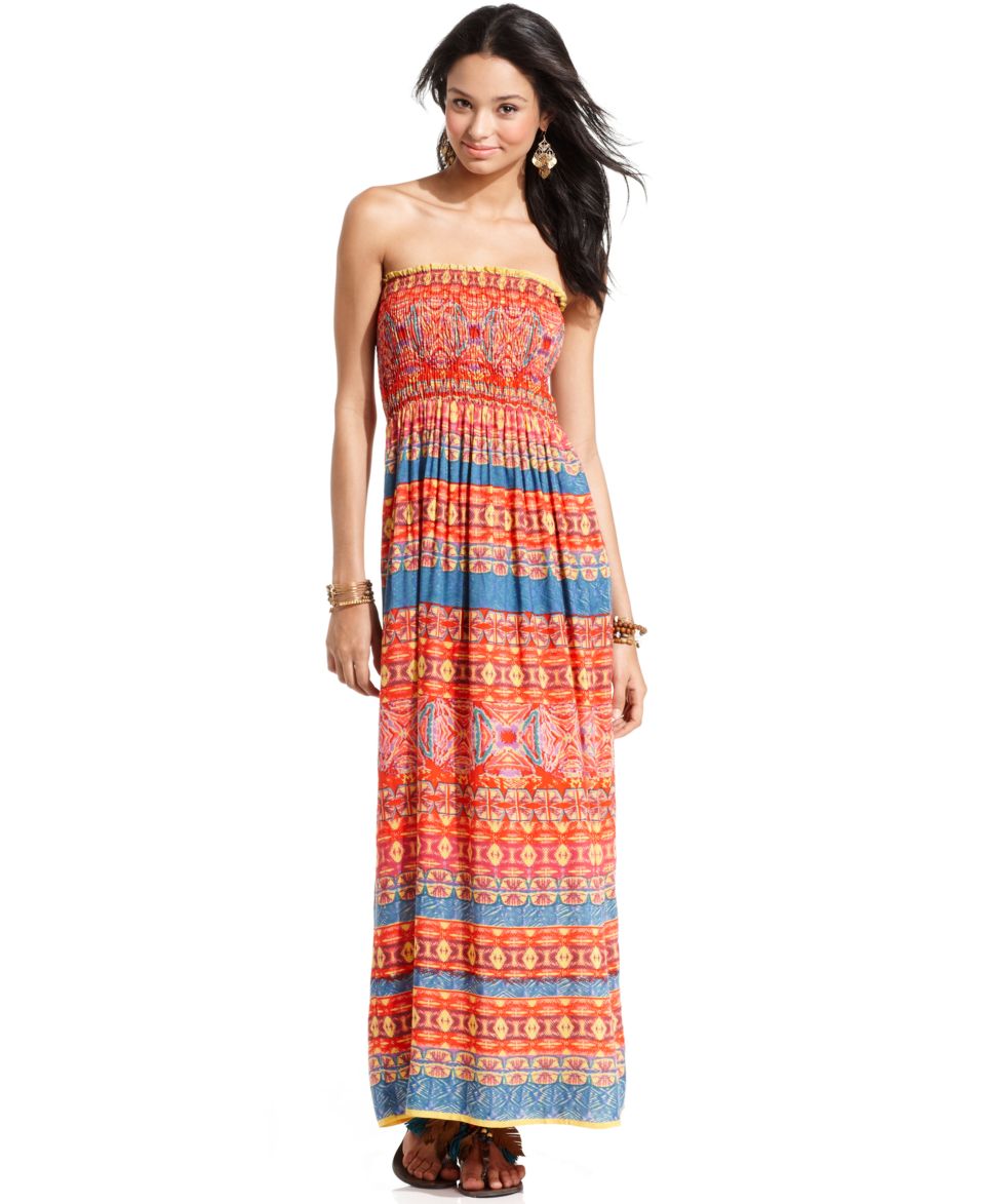 Angie Juniors Dress, Strapless Exotic Print Maxi   Juniors Dresses