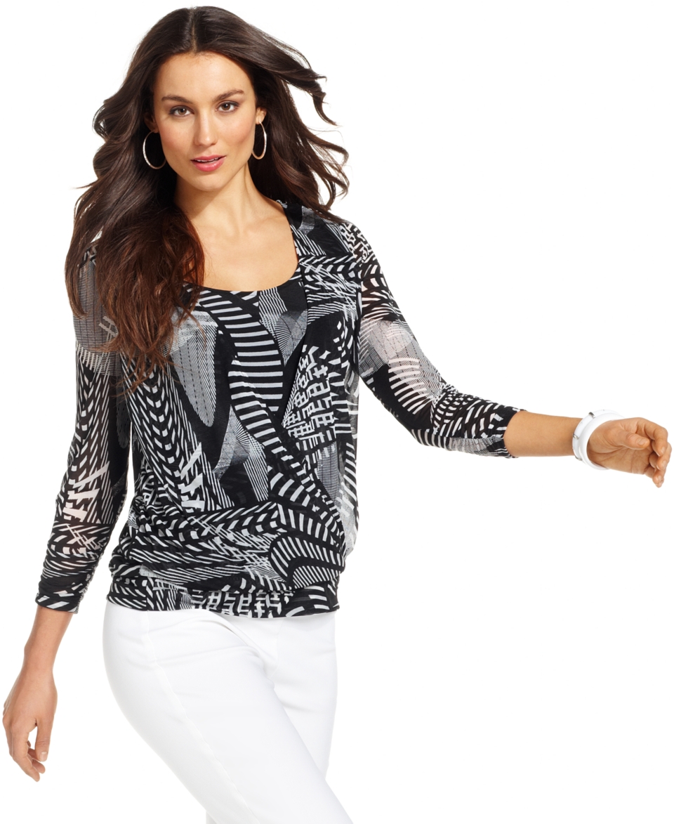 Alfani Top, Three Quarter Sleeve Printed