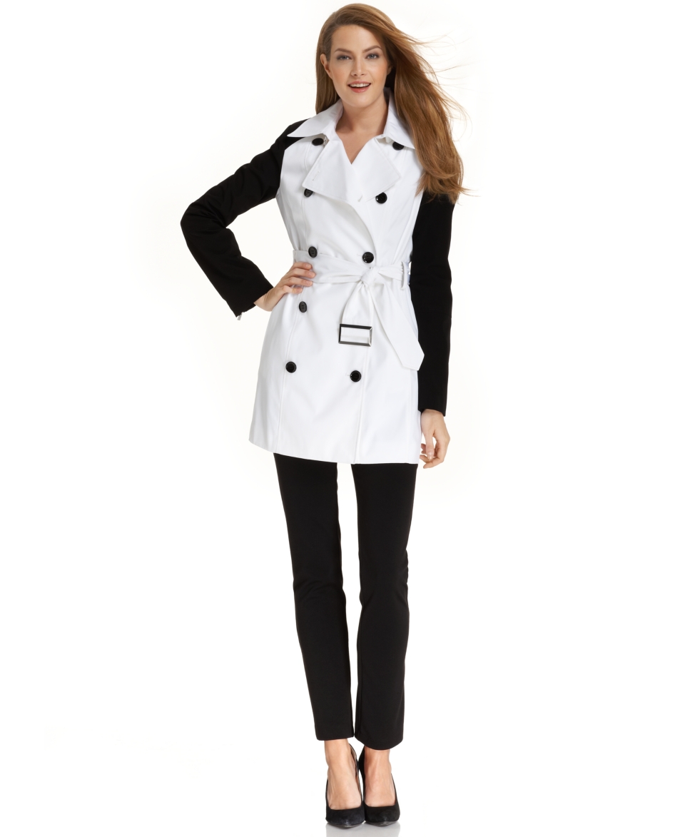 Calvin Klein Coat, Double Breasted Belted Colorblocked   Womens   