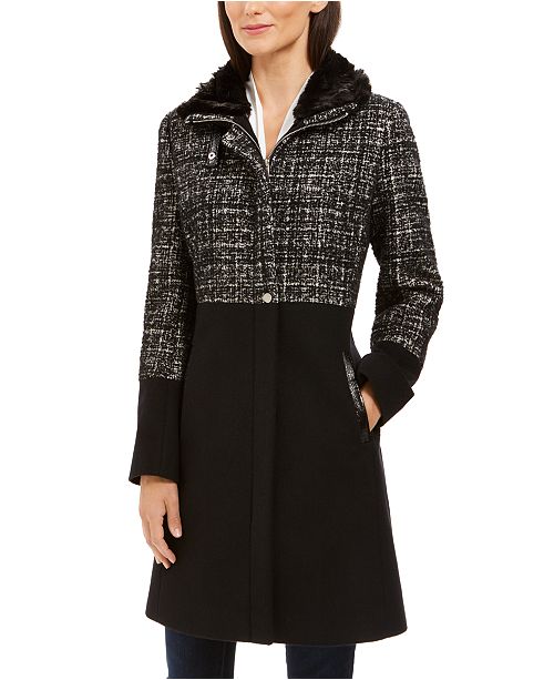 Via Spiga Tweed Faux Fur Collar Coat Reviews Coats Women Macy S