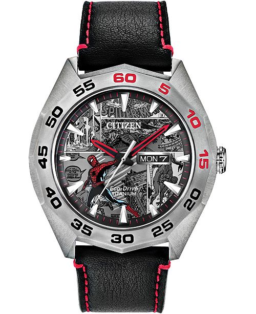 Citizen Eco Drive Men S Spider Man Black Leather Strap Watch 44mm Limited Edition Reviews Watches Jewelry Watches Macy S